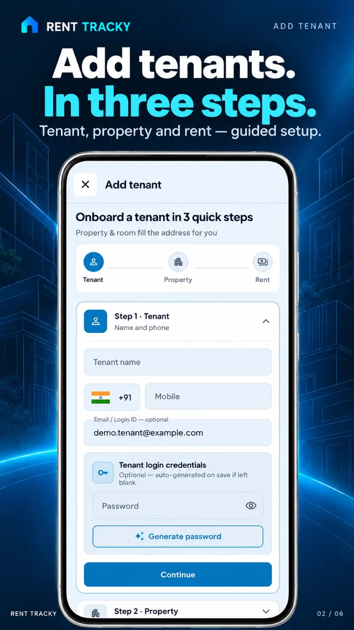 Rent Tracky Add a tenant screen: A guided three-step setup for tenant, property and rent.