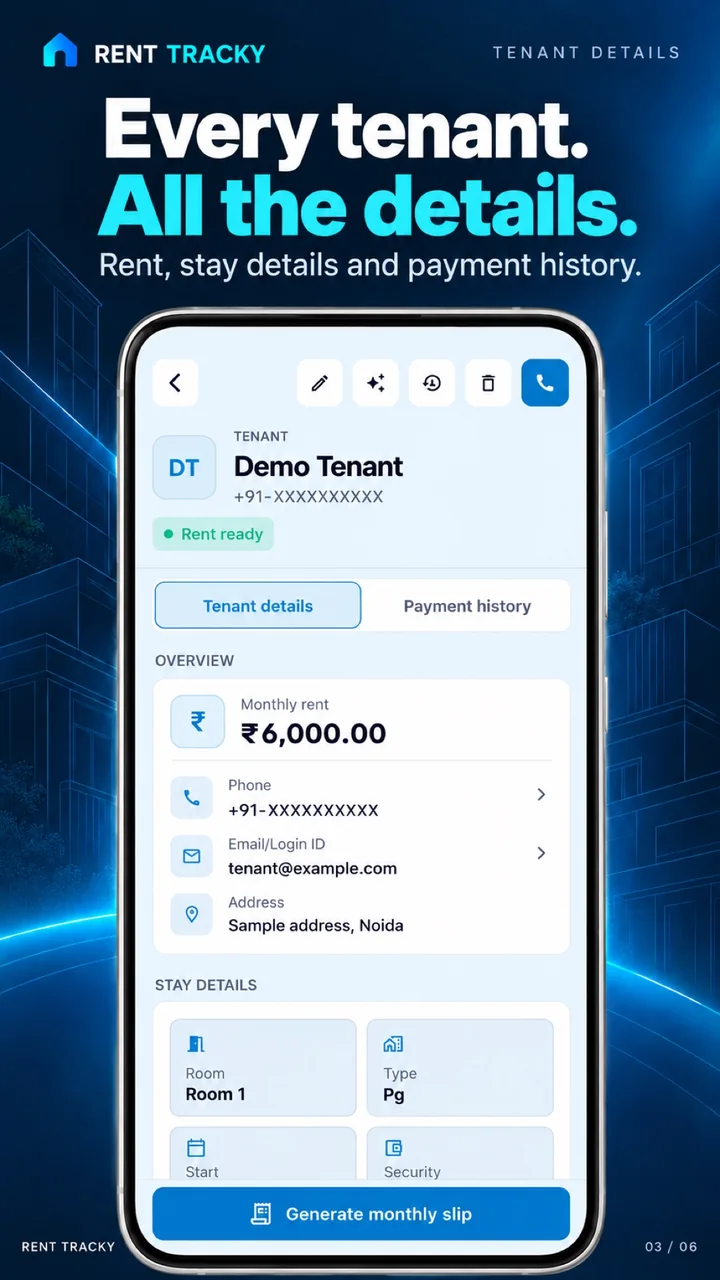 Rent Tracky Tenant details screen: Monthly rent, stay details and the full payment history.