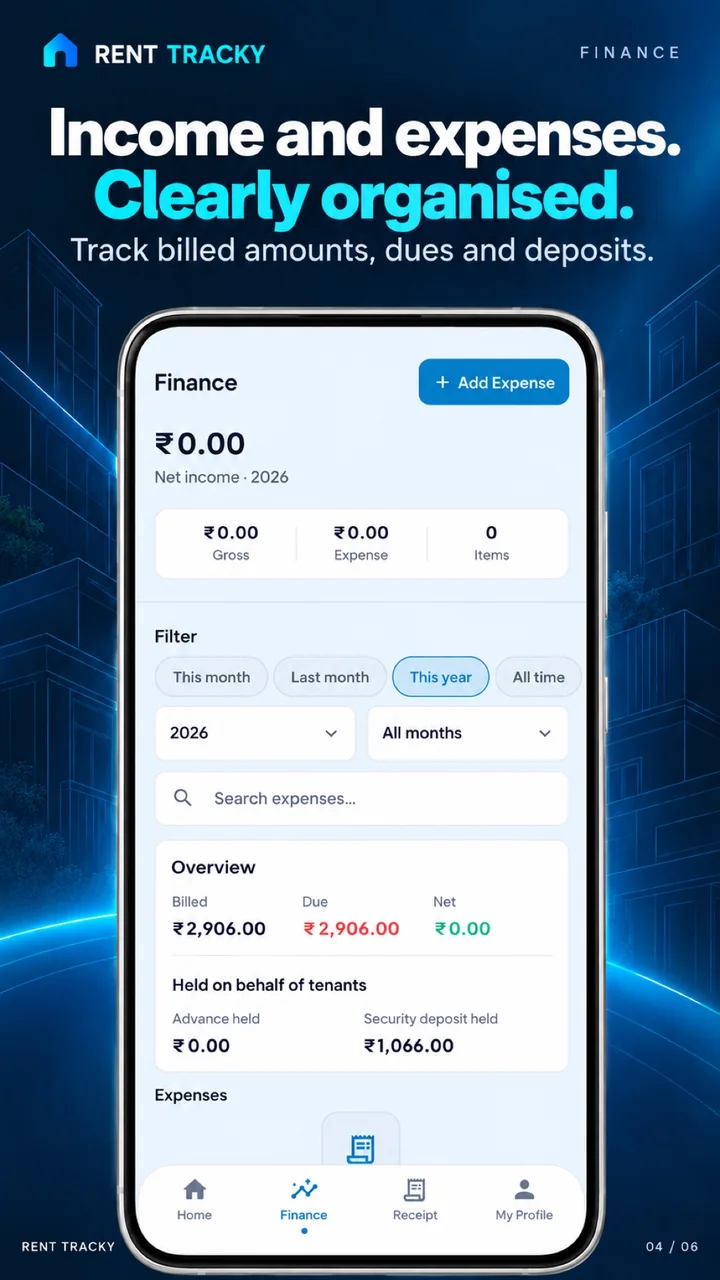 Rent Tracky Finance screen: Billed amounts, dues, deposits and expenses in one view.