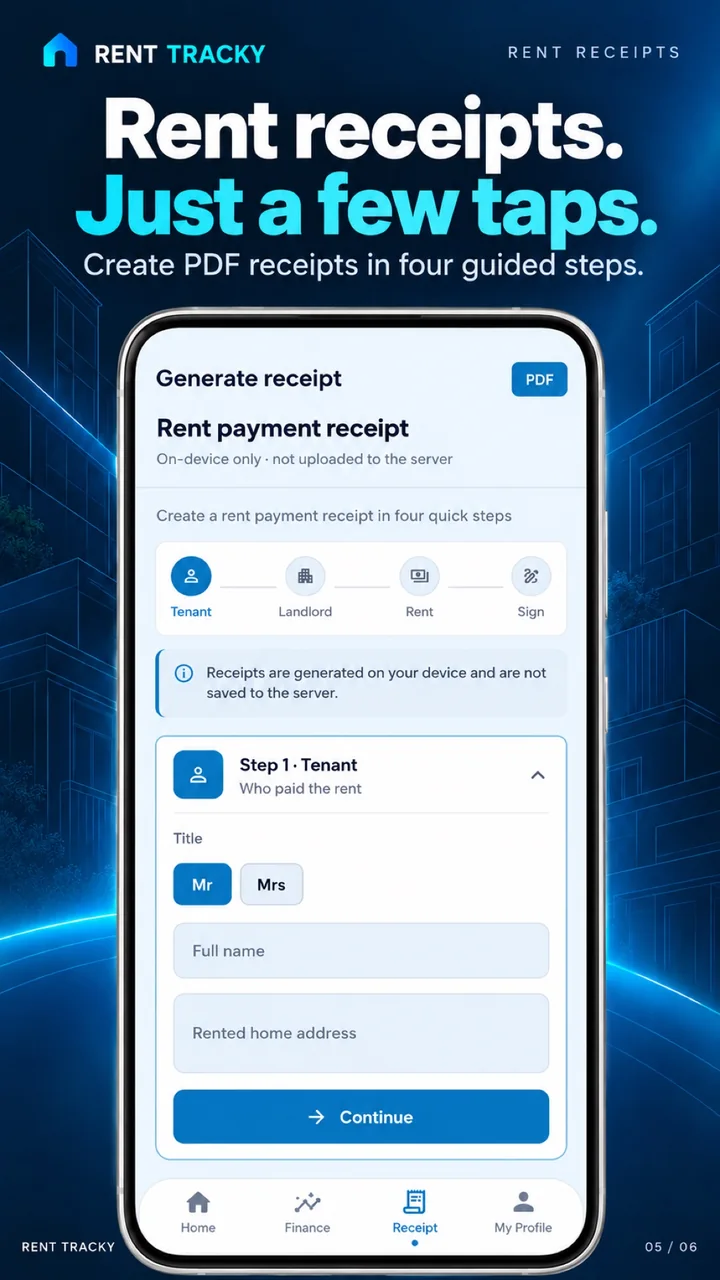 Rent Tracky Rent receipts screen: Create a PDF receipt in four guided steps.