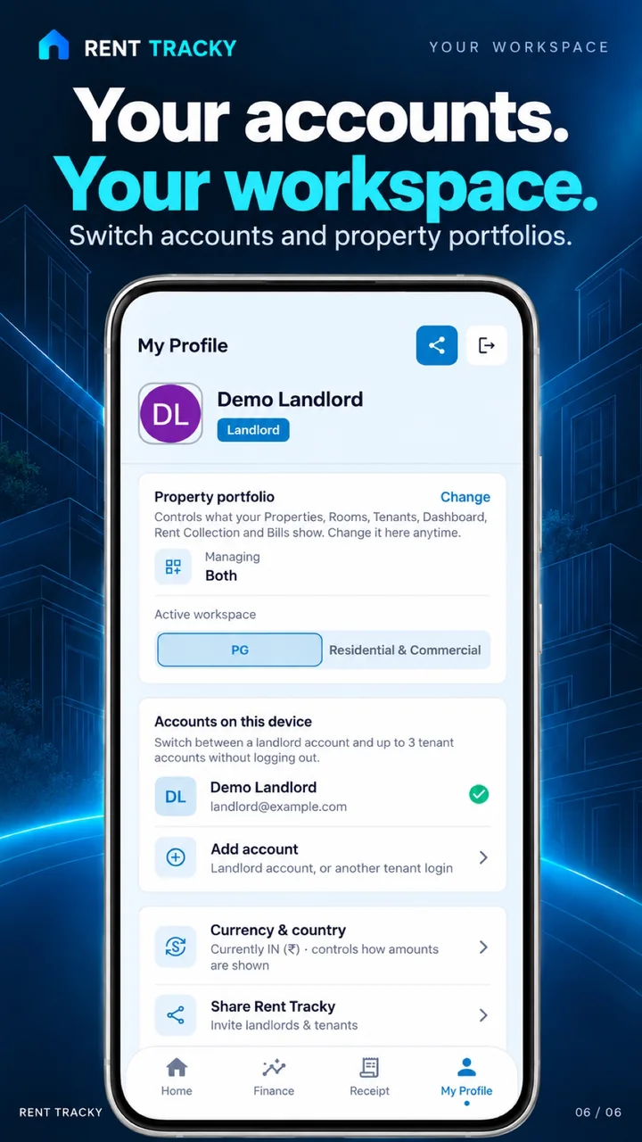 Rent Tracky Your workspace screen: Switch accounts, currency and property portfolios.